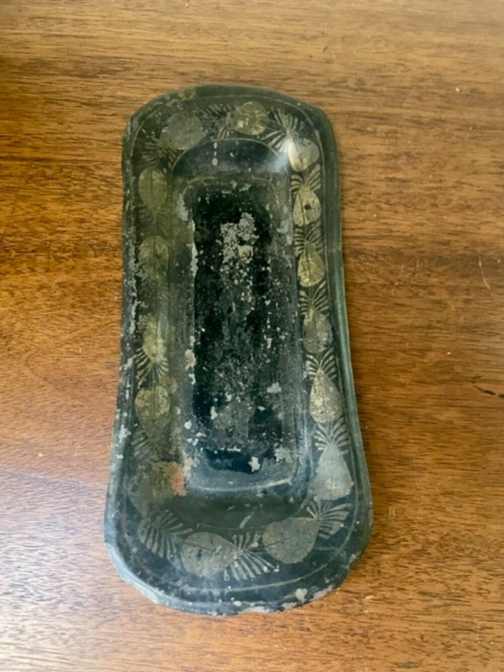 Vintage Small Rectangular Black Metal Tole Hand Painted Folk Art Tray